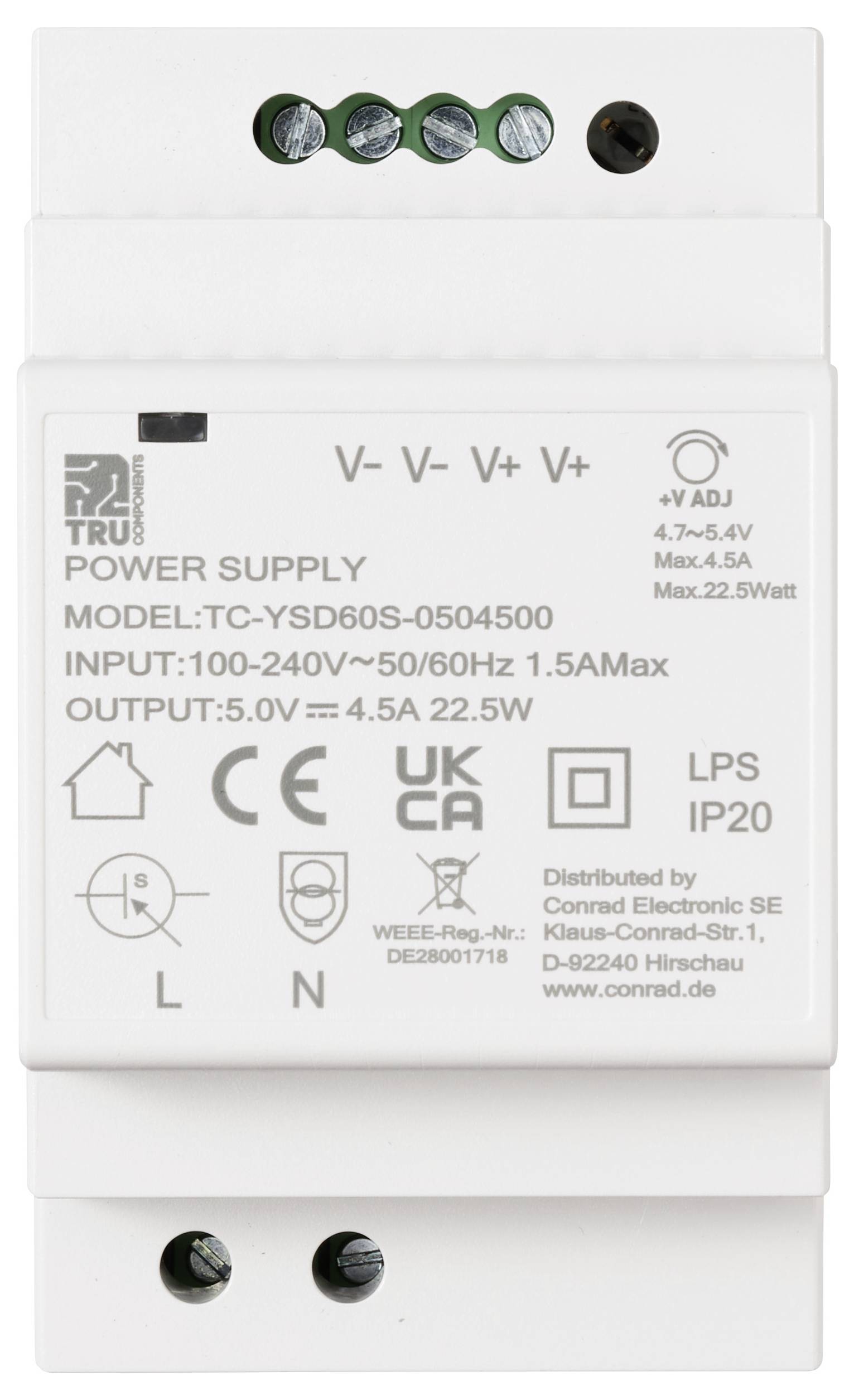 Dispositivo di alimentazione con modello 'TC-YSD60S-0504500', ingresso 100-240V~50/60Hz 1.5A Max, uscita 5.0V= 4.5A 22.5W, contrassegnato UKCA.