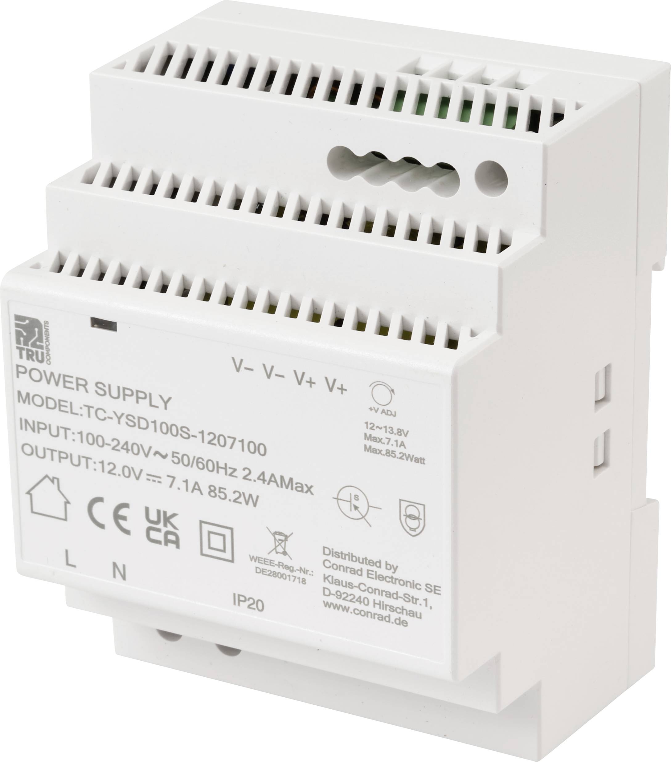Un alimentatore elettronico bianco con etichetta 'Modello: TC-YSD100S-1207100', con ingressi di 100-240V e uscite di 12V, 7,1A.