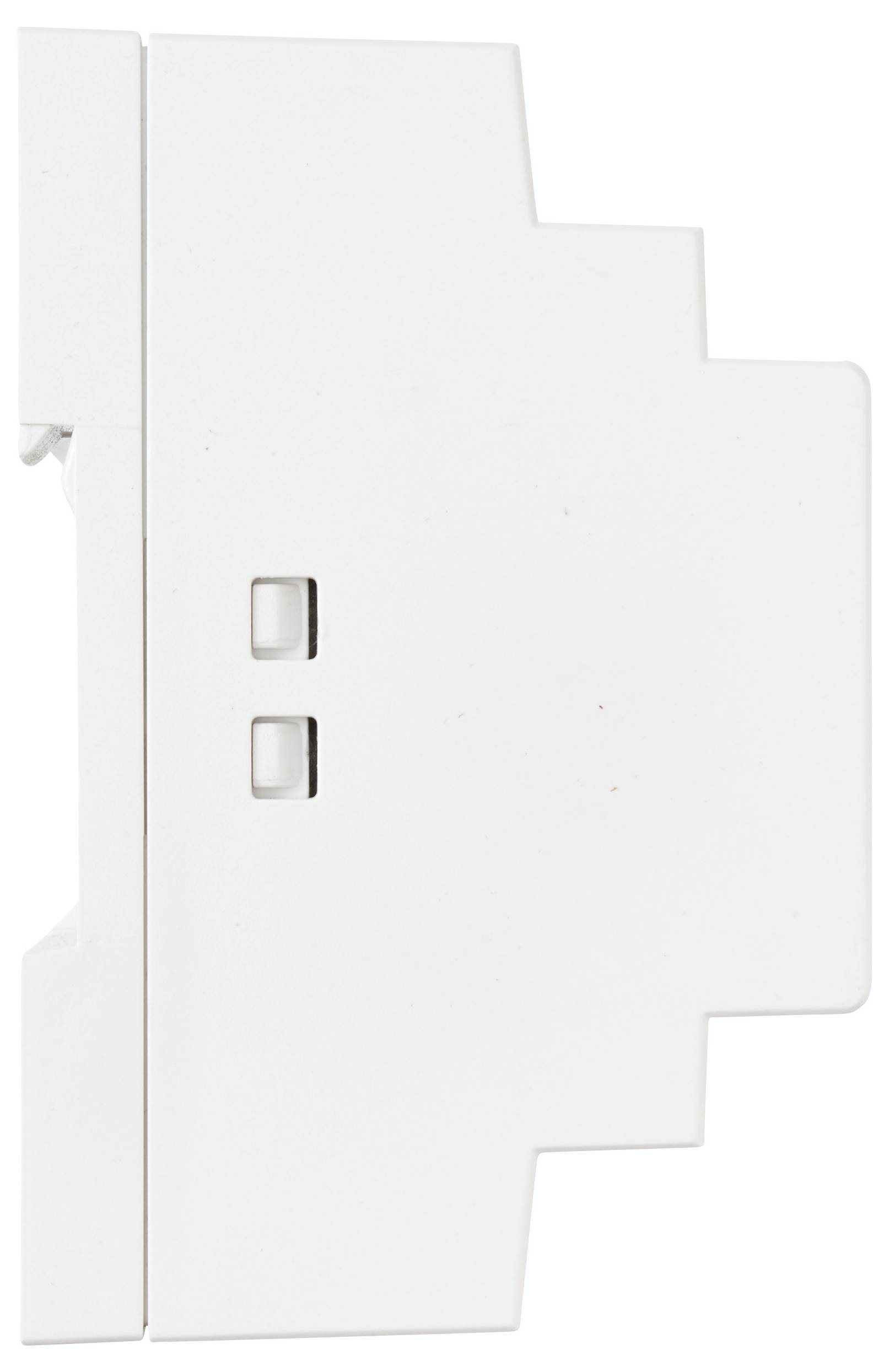 Un dispositivo elettrico bianco e rettangolare, con due piccoli ritagli quadrati per l'attacco, visto di lato.