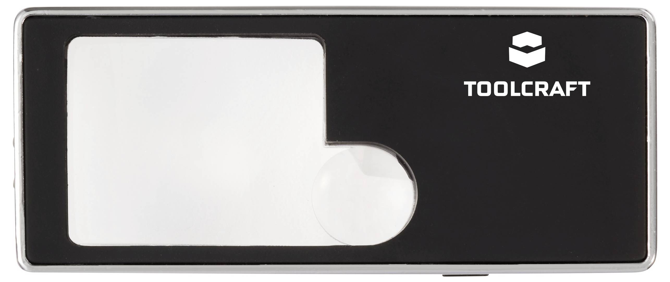 Una lente d'ingrandimento tascabile a marchio TOOLCRAFT con design rettangolare e lente circolare di ingrandimento.