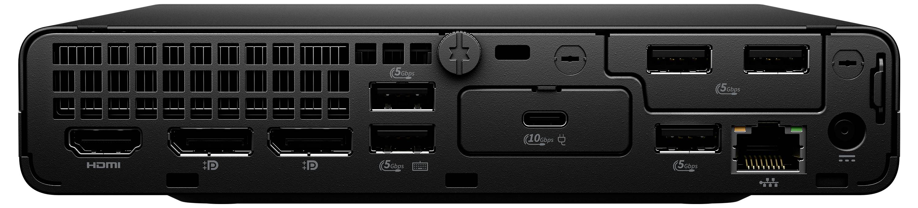 Vista posteriore di un dispositivo elettronico nero che mostra più porte HDMI, porte USB, una porta Ethernet e vari altri connettori di input/output.