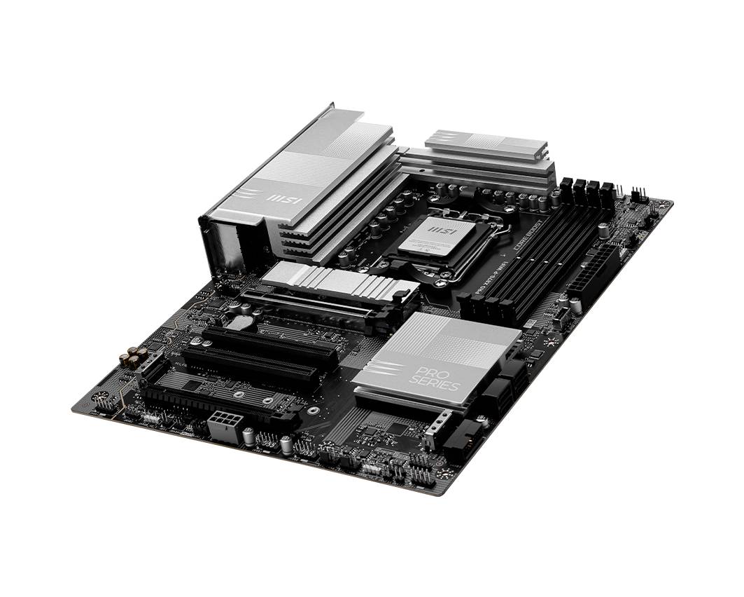 Scheda madre nera con dissipatori di calore bianchi e molteplici connettori e slot, inclusi socket CPU e slot RAM.
