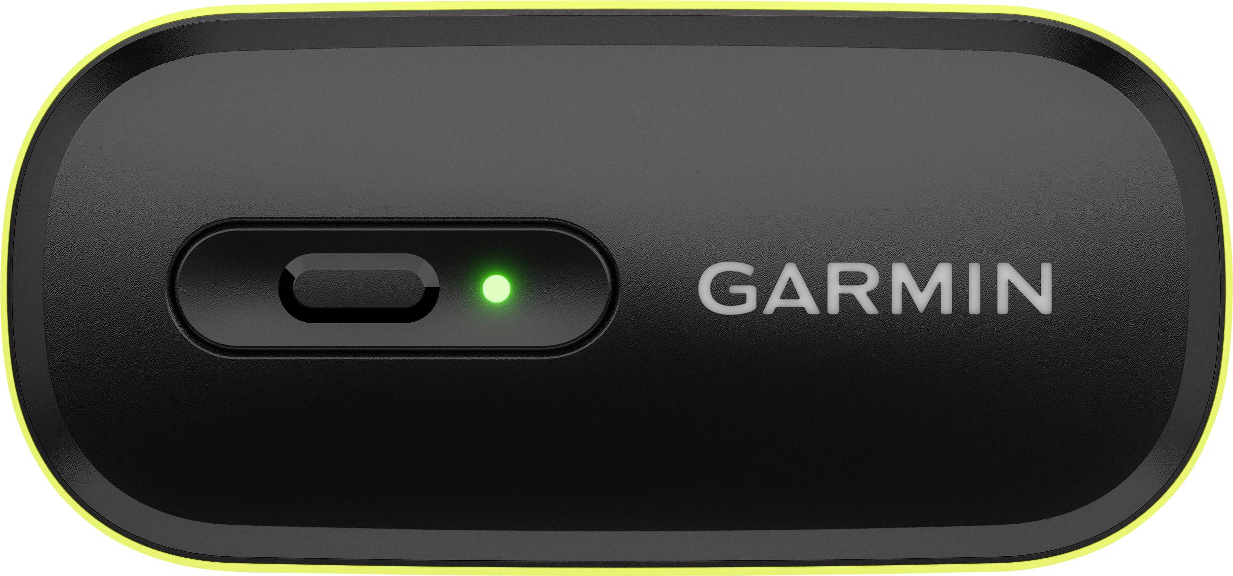 Dispositivo Garmin nero con display LED verde luminoso, forma rettangolare, superficie liscia.