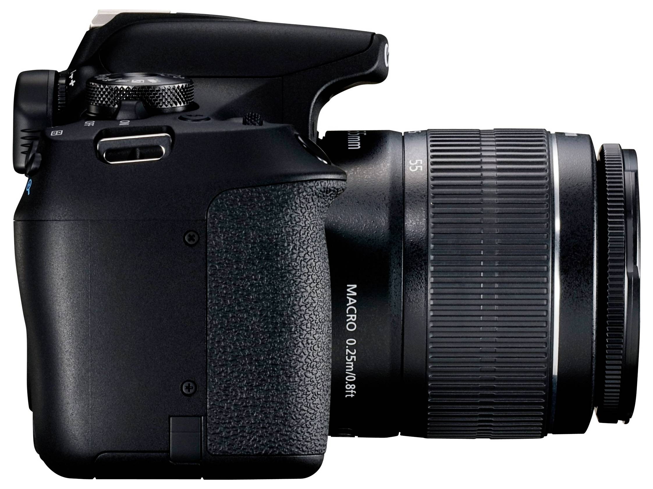 Fotocamera digitale con vista laterale, mostra obiettivo con anello zoom e impugnatura.