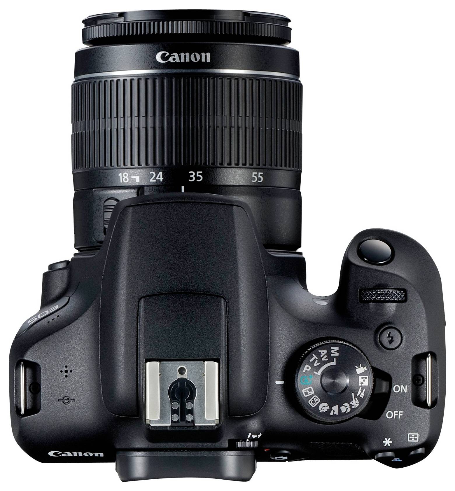 Fotocamera reflex digitale Canon, vista dall'alto con obiettivo e comandi, adatta per appassionati di fotografia.