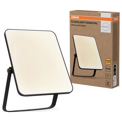 Lampada a LED per illuminazione esterna OSRAM accanto alla confezione. La confezione mostra il logo del marchio e le specifiche del prodotto come '2700 lm', '3000 K' e 'IP65'.