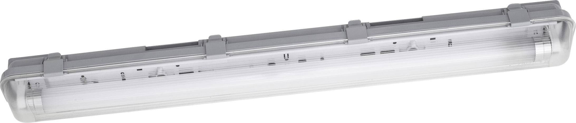 Lampada LED grigia con corpo rettangolare e copertura trasparente, adatta per illuminazione industriale o commerciale.