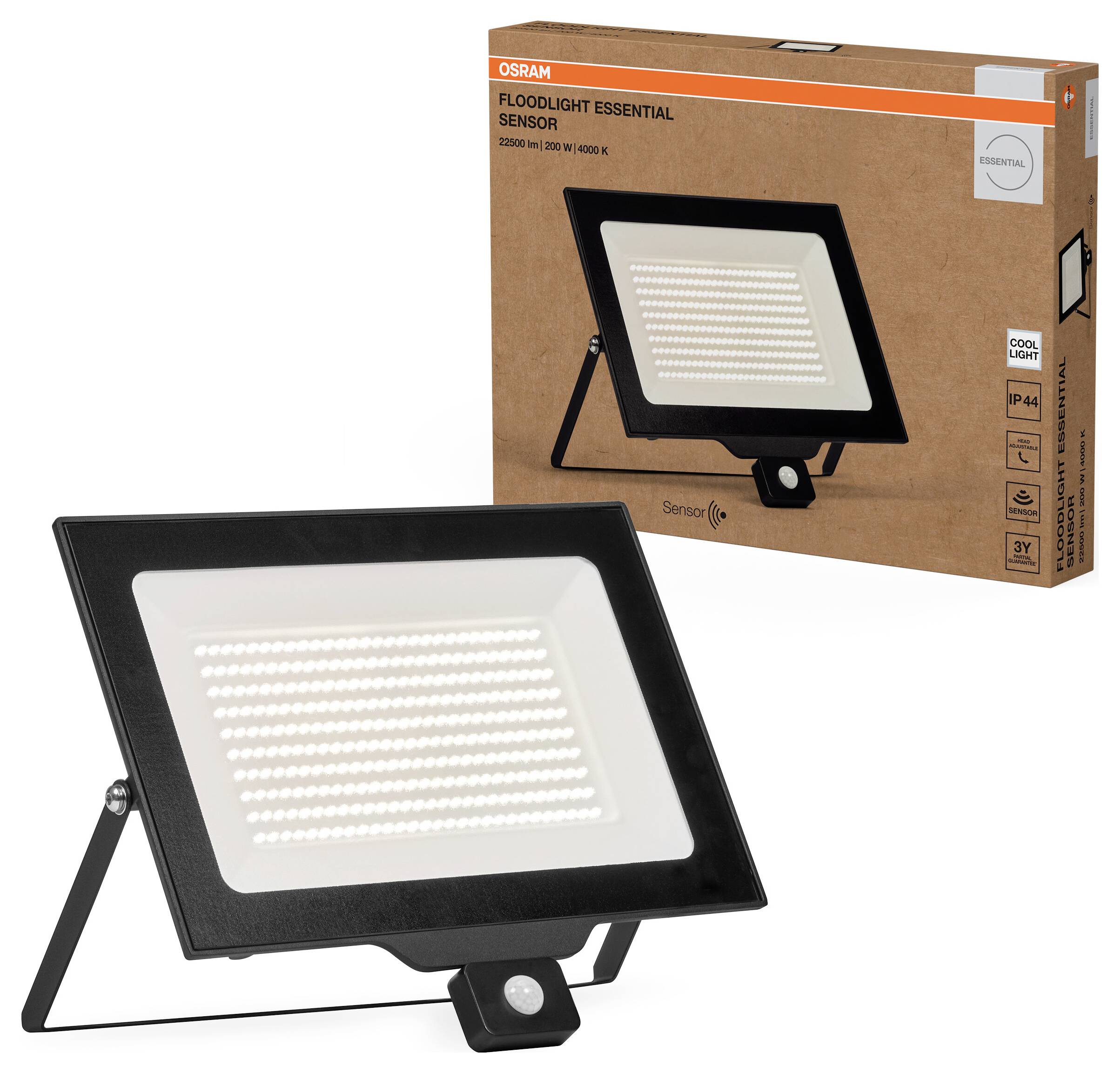 Faro LED con sensore di movimento, OSRAM Floodlight Essential, 220-240V, 50W, 4000K. Prodotto e confezione illustrati.