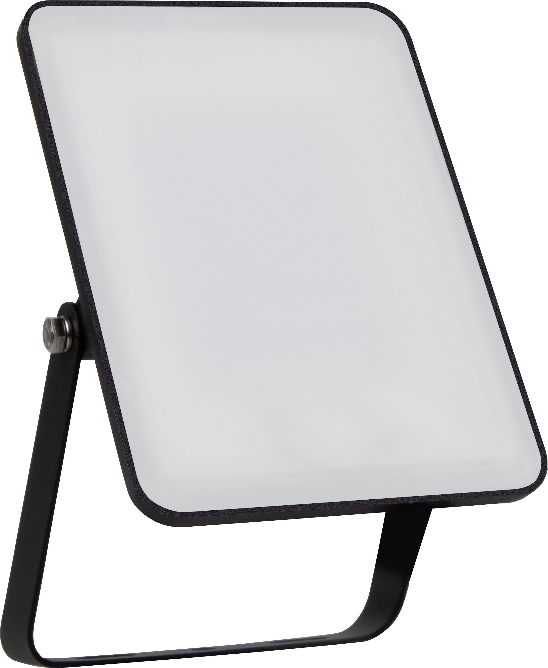 Una lampada da tavolo rettangolare con una cornice nera orientabile e un campo luminoso bianco. Adatta per aree di lavoro.