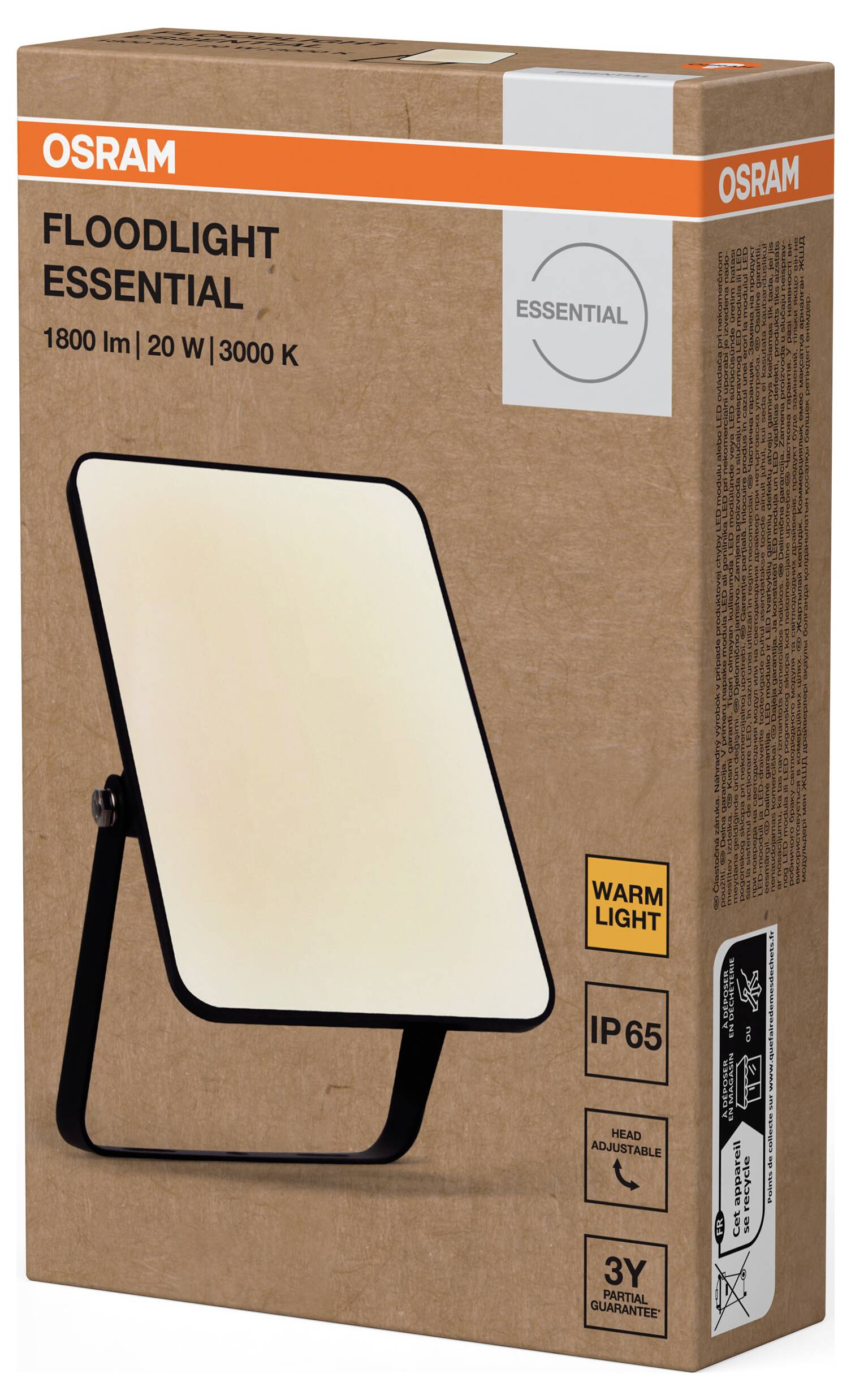 Confezione di una lampada LED a proiettore OSRAM. Etichette: 'FLOODLIGHT ESSENTIAL', '1800 lm', '20 W', '3000 K', 'IP65', 'LUCE CALDA'.