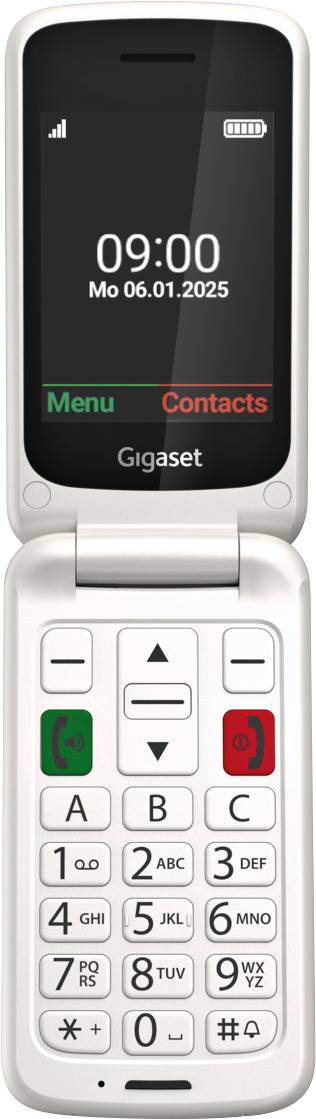 Cellulare pieghevole Gigaset aperto con display grande e tasti grandi. Mostra ora, data e le voci di menu 'Menu' e 'Contatti'.