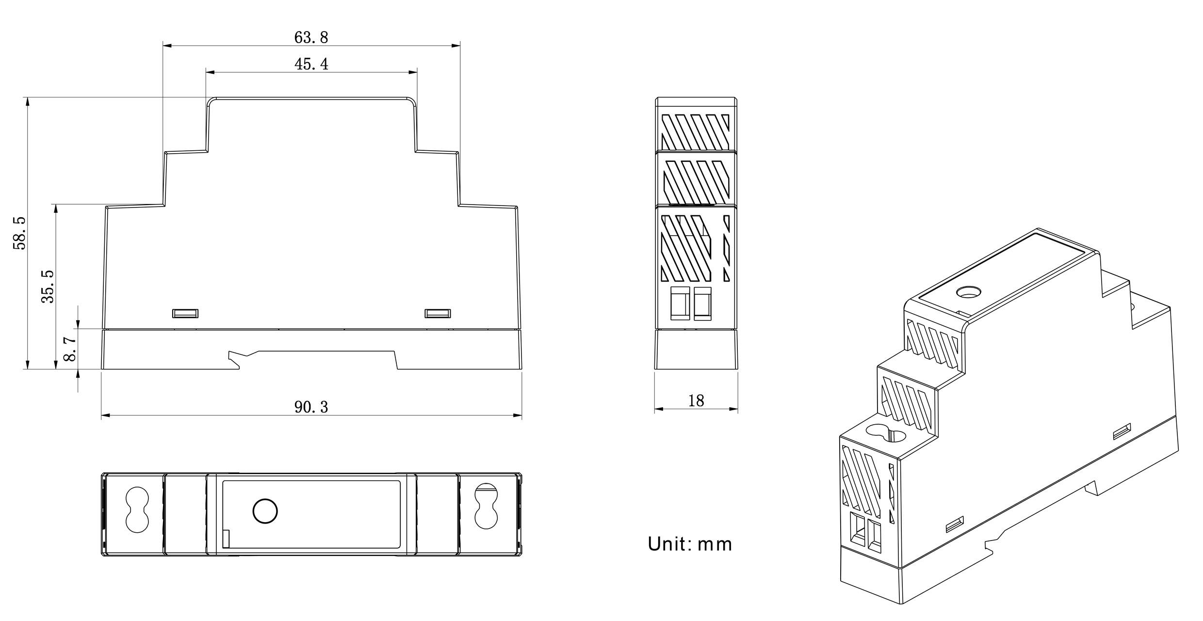 'Disegni dimensionali del dispositivo modulare con misure: larghezza 90,3 mm, altezza 63,8 mm e profondità 18 mm. Incluse viste laterali e dall'alto.'