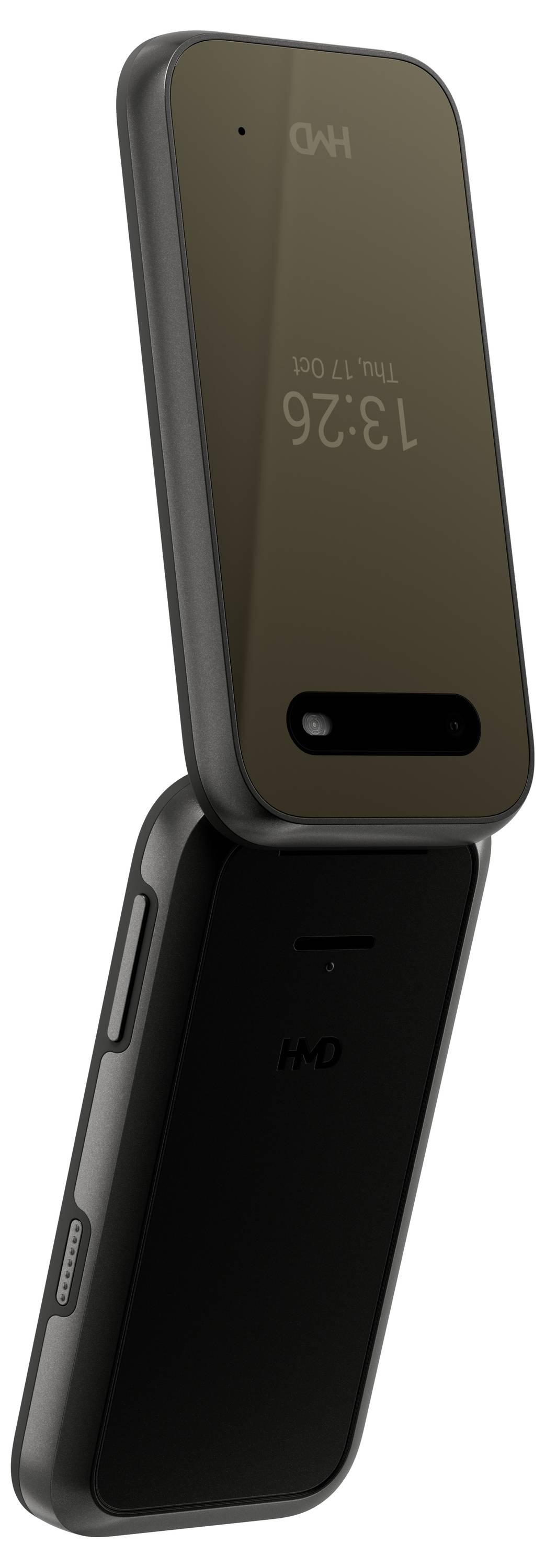 Un cellulare flip nero ripiegato con un design minimalista e display digitale dell'orologio sulla parte anteriore.