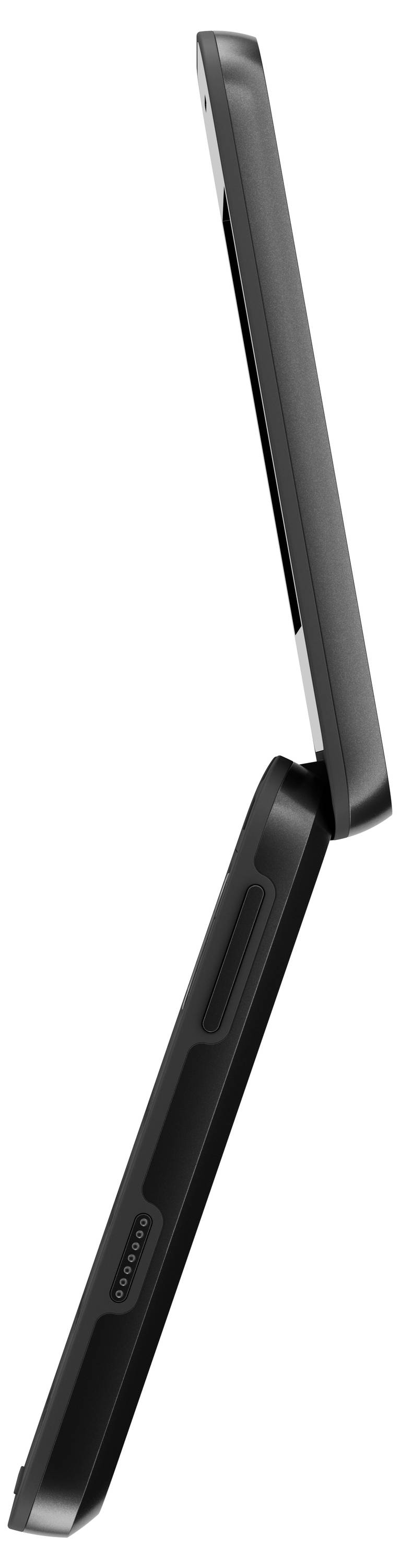 Laptop aperto visto di lato, con un design sottile e superficie nera.