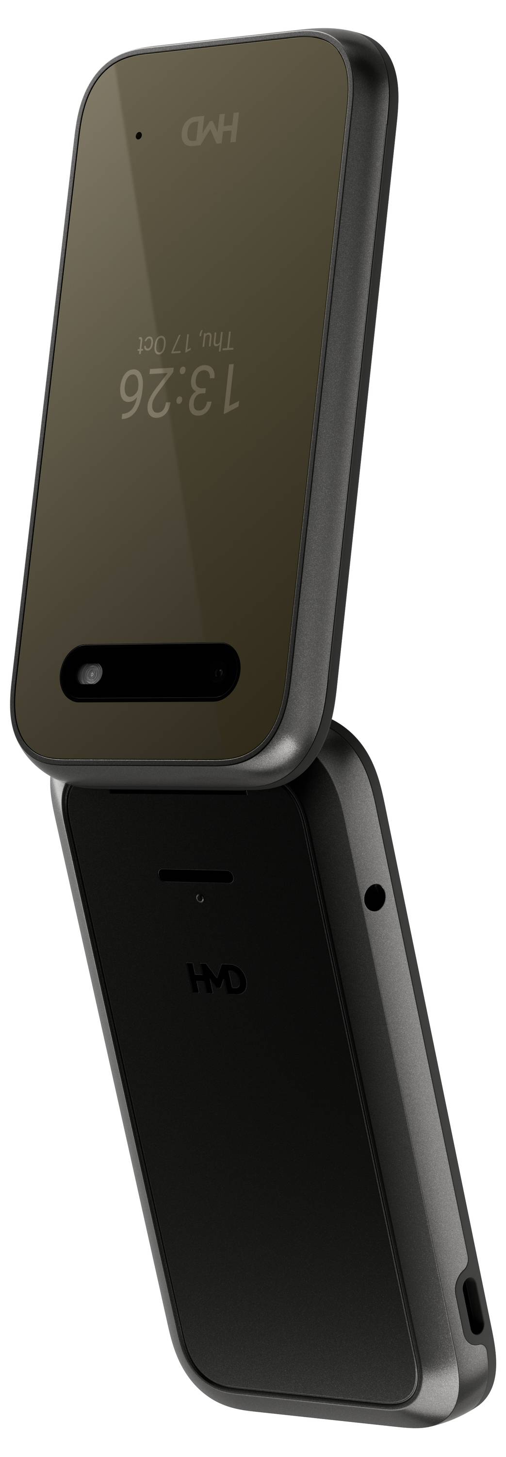 Un cellulare nero a conchiglia, aperto, mostra un display digitale con orario e livello della batteria. Design moderno e sottile.