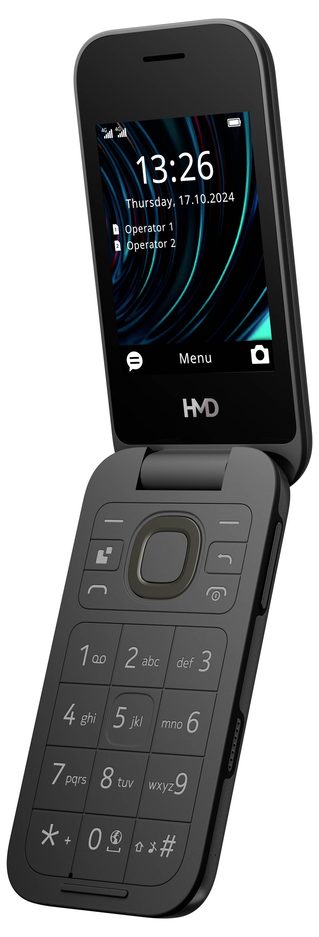 Cellulare a conchiglia in nero con display aperto. Mostra la data 'Thursday, 17.10.2024' e l'orario '13:26'. Tastiera sottostante.