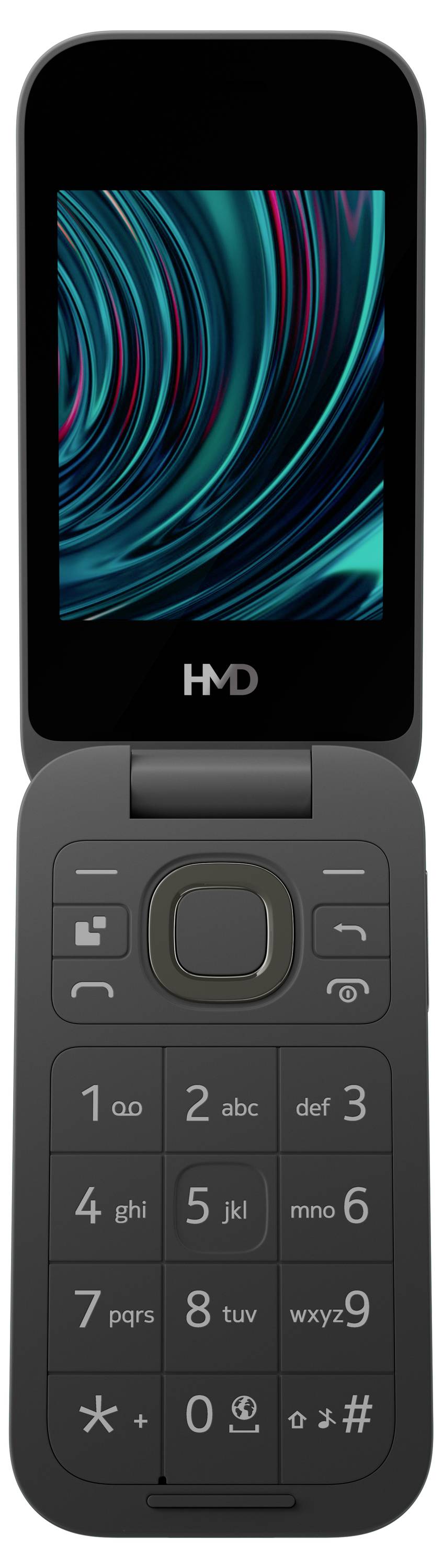 Cellulare a conchiglia con tastiera numerica e piccolo display a colori, marca sconosciuta. Lo schermo mostra un motivo astratto a spirale.