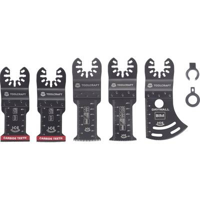 'Cinque lame multiutensile oscillanti TOOLCRAFT con denti in carburo, progettate per tagliare diversi materiali. Include segni di misurazione.'