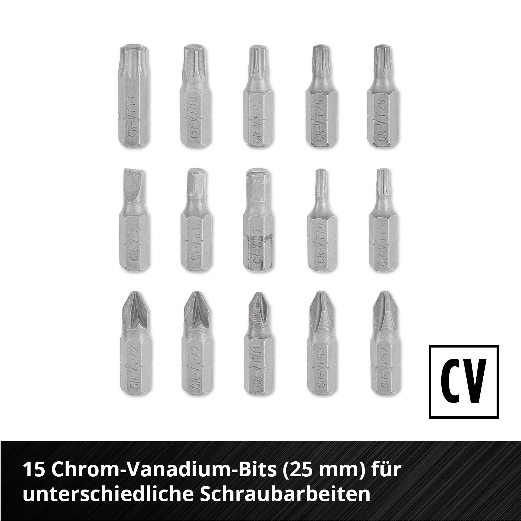 15 punte in cromo-vanadio (25 mm) per diversi lavori di avvitatura.