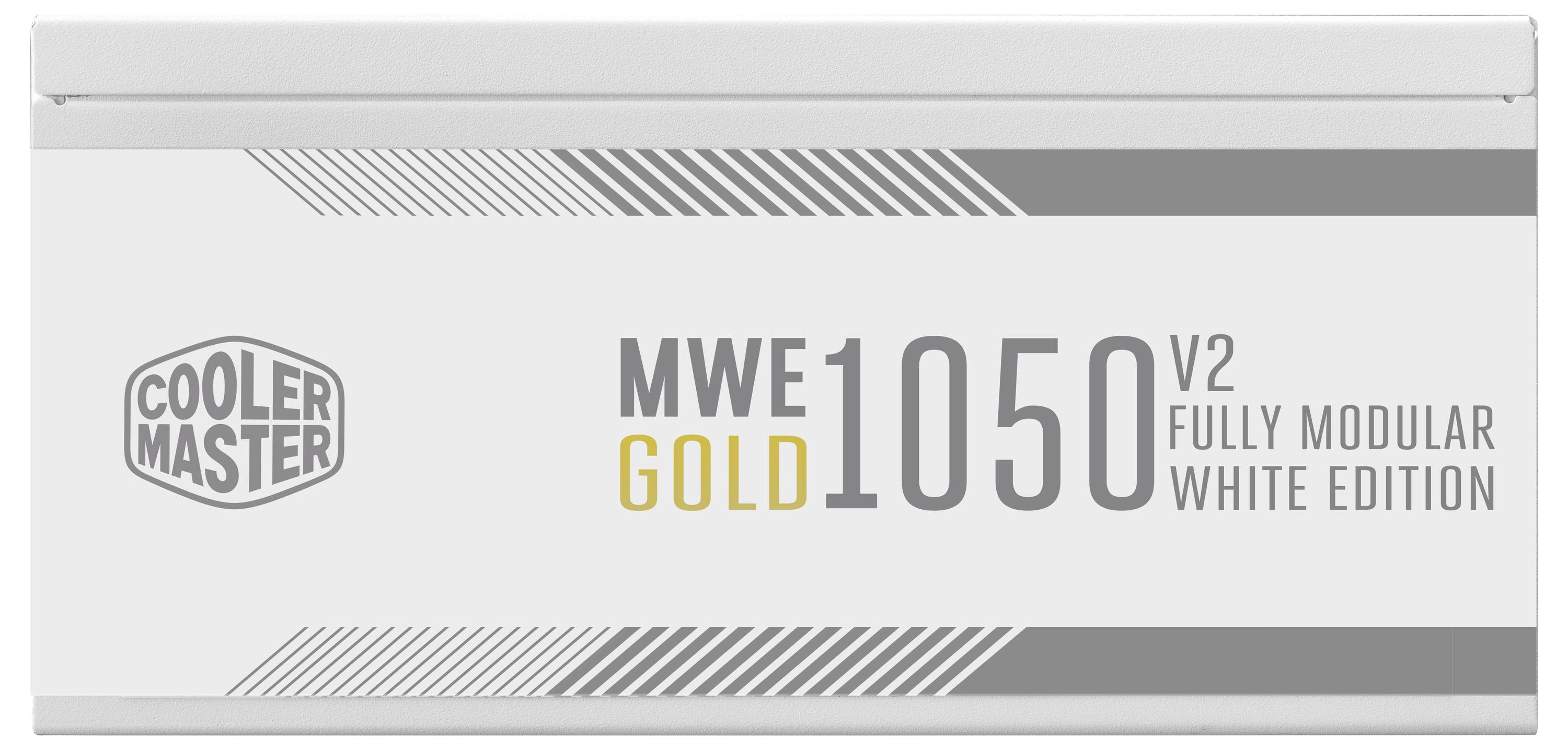 'Cooler Master MWE Gold 1050 V2 Edizione Completamente Modulare Bianca' su un design di packaging elegante e minimalistico con accenti geometrici.