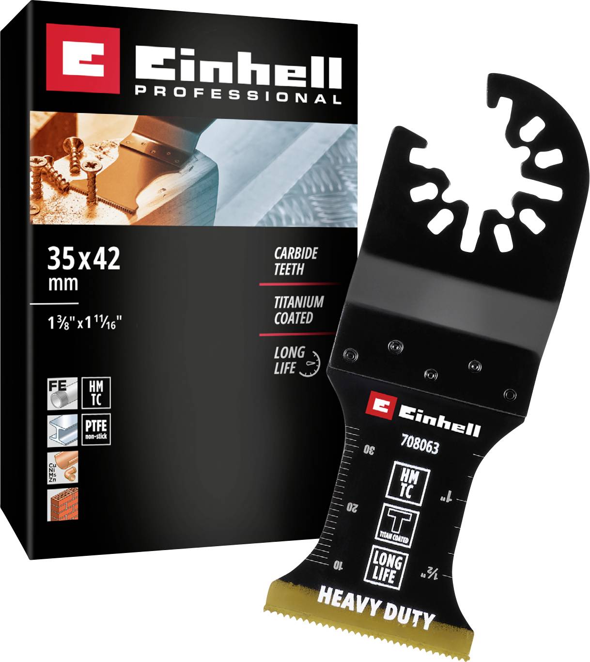 Lama di sega Einhell Professional con denti in carburo di titanio, 35x42 mm, adatto per applicazioni Heavy-Duty, durevole con taglio di precisione.