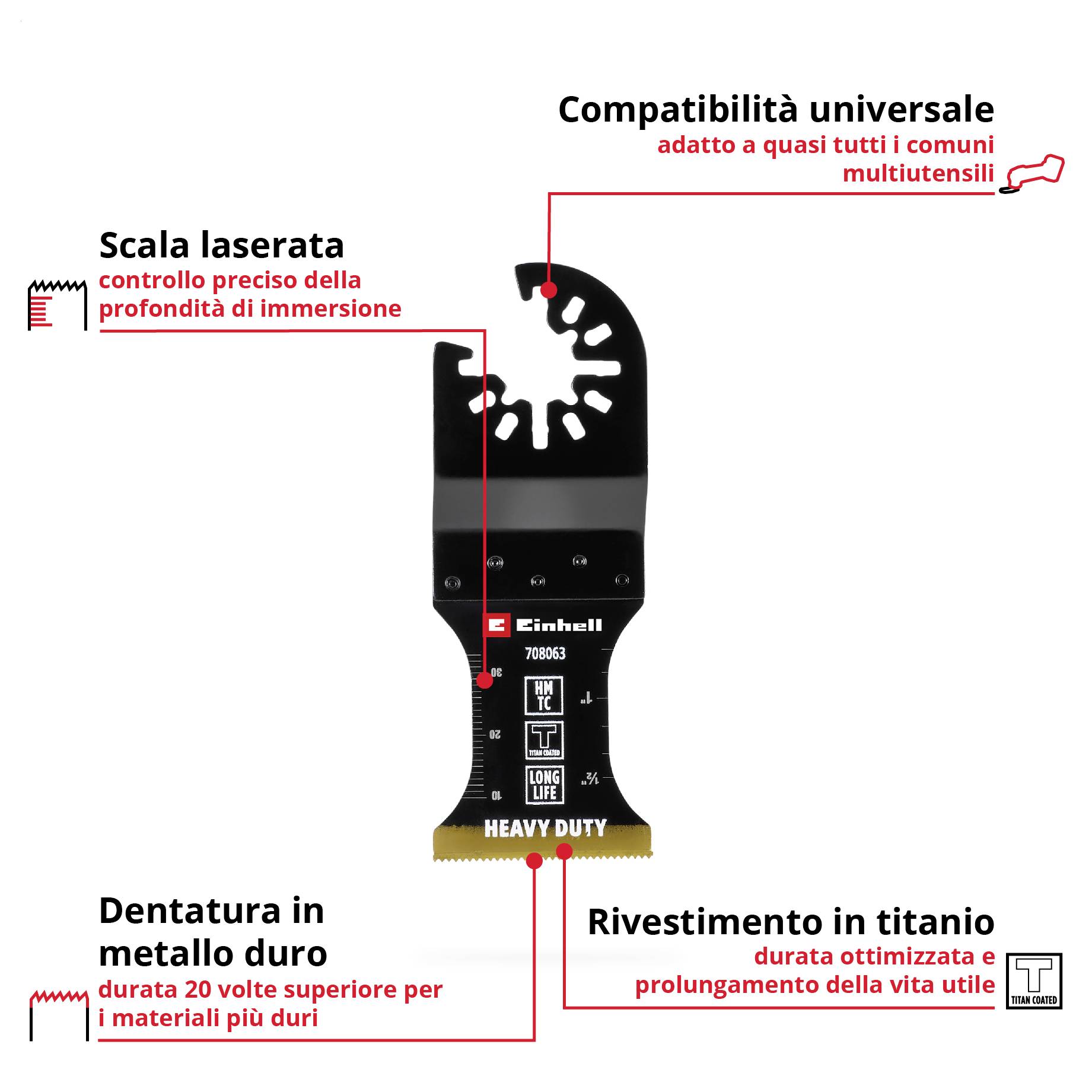 Lama multifunzione con dentatura in metallo duro e rivestimento in titanio. Adatto per multiutensili senza Starlock, con scala incisa al laser.