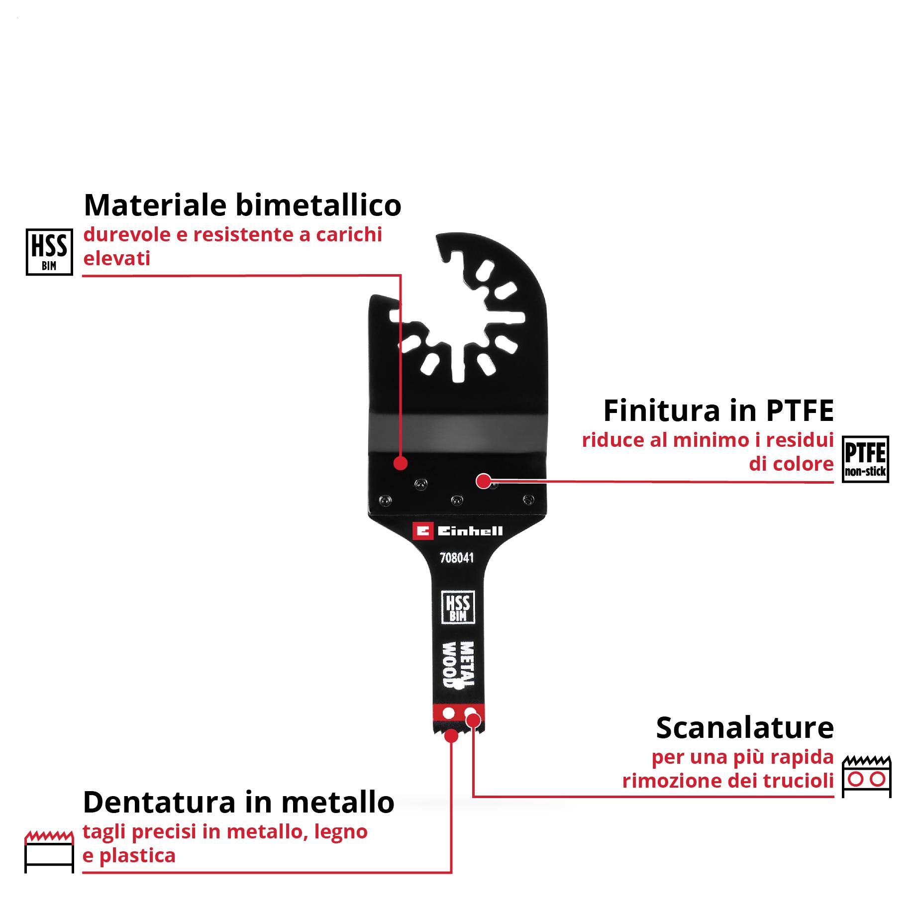 Lama per utensili Einhell in bimetallo per tagli precisi in metallo, legno e plastica. La finitura PTFE riduce i residui di vernice.