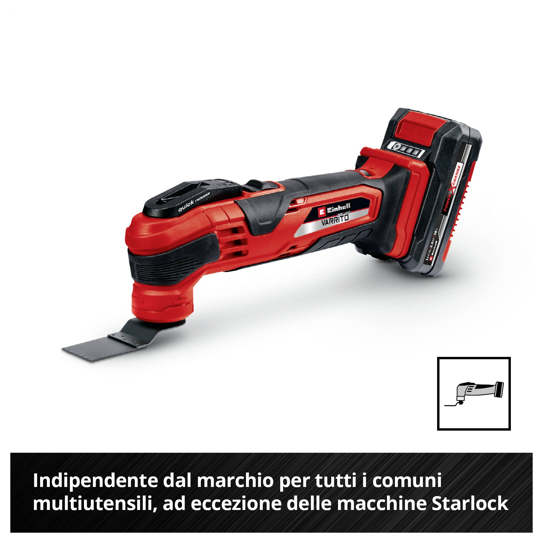 Un multifunzione a batteria rosso Einhell con regolazione della velocità Vario-Speed. Il testo mostra: "Compatibile con multifunzioni commerciali di marche diverse, ad eccezione delle macchine Starlock".