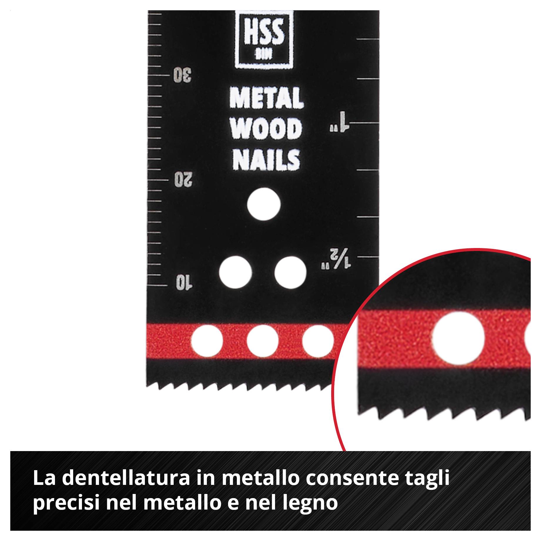 Lama da sega per metallo, legno, chiodi con dentatura in metallo; idoneo per tagli precisi. Primo piano della parte dentata.