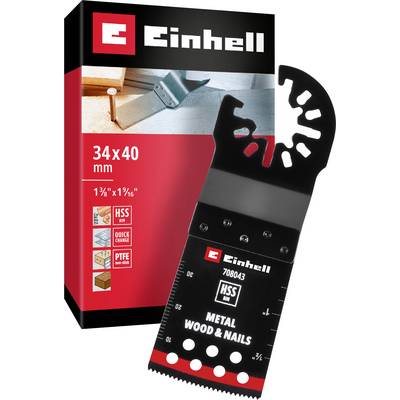 Lama seghetto multifunzione 'Einhell', adatto per legno e metallo. Dimensioni: 34x40 mm, materiale HSS, montaggio rapido.