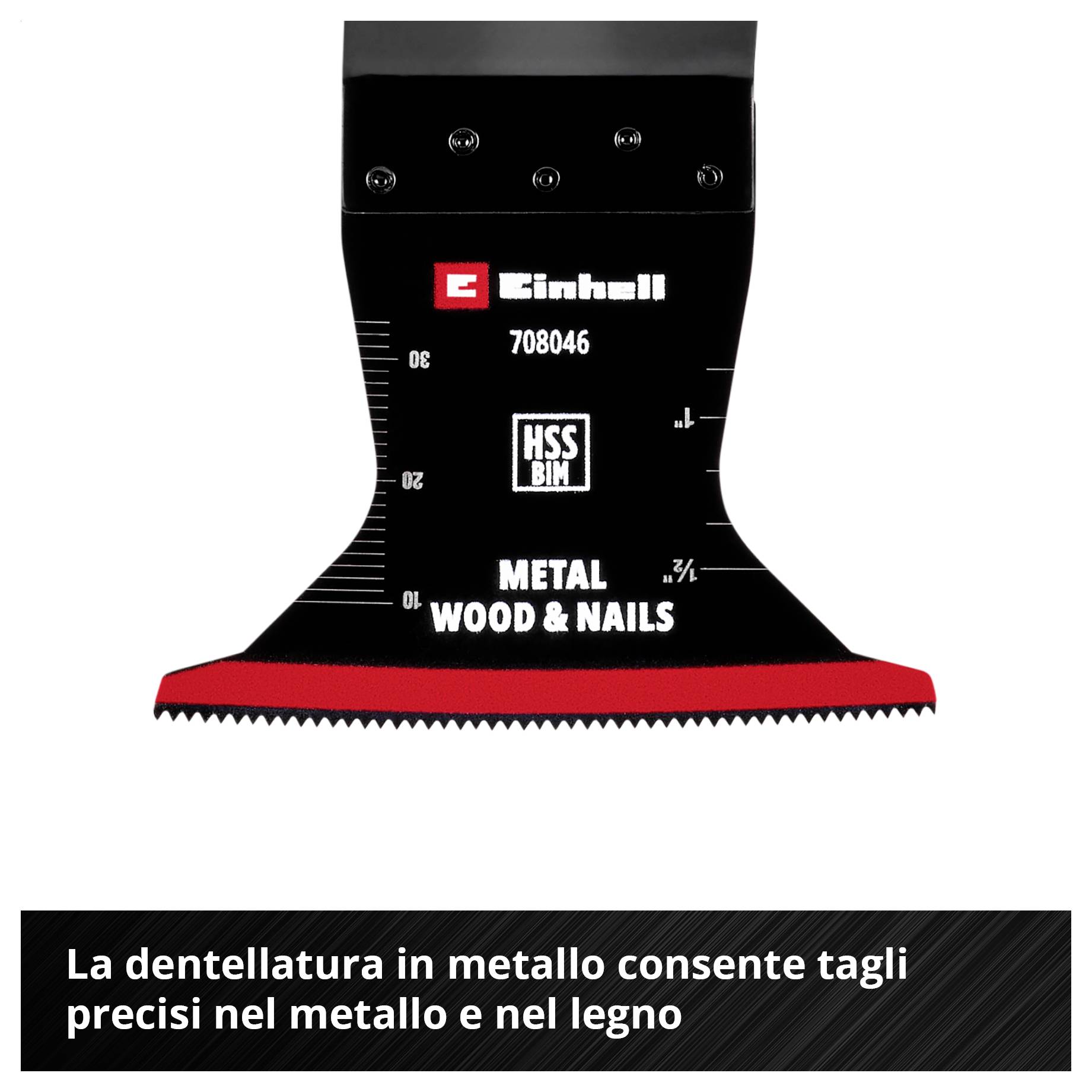 "L'ingranaggio metallico consente tagli precisi in metallo e legno." Una lama di sega oscillante con denti rossi e marcature.