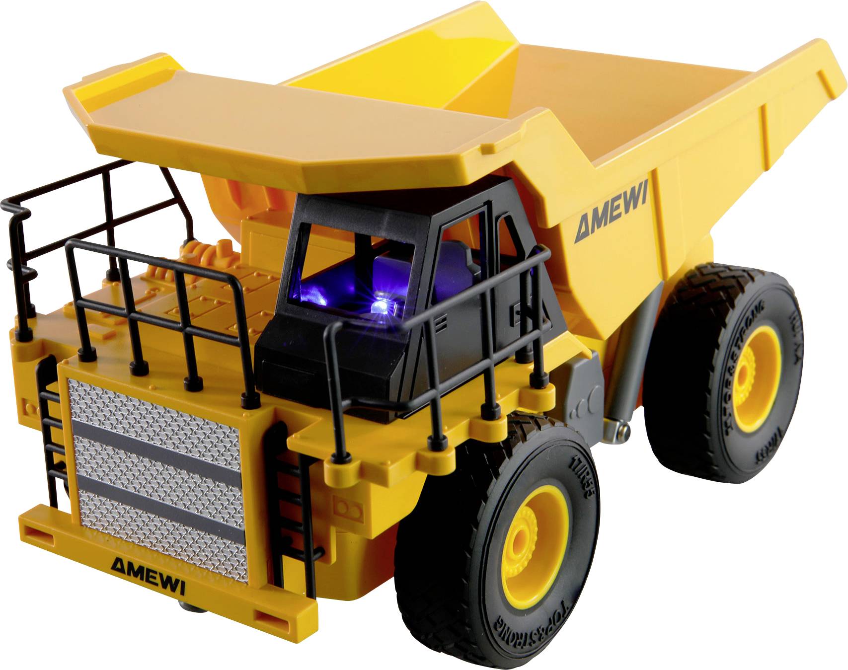 Un modello di camion ribaltabile giocattolo giallo con pneumatici neri e dettagli. Il modello ha adesivi con la scritta 'Amewi'.