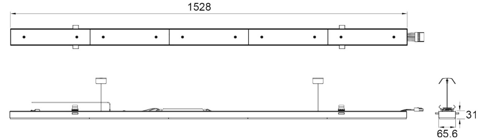 Disegno tecnico di una lunga barra rettangolare con diversi indicatori equidistanti ed etichette di quota 1528, 31 e 65,6.