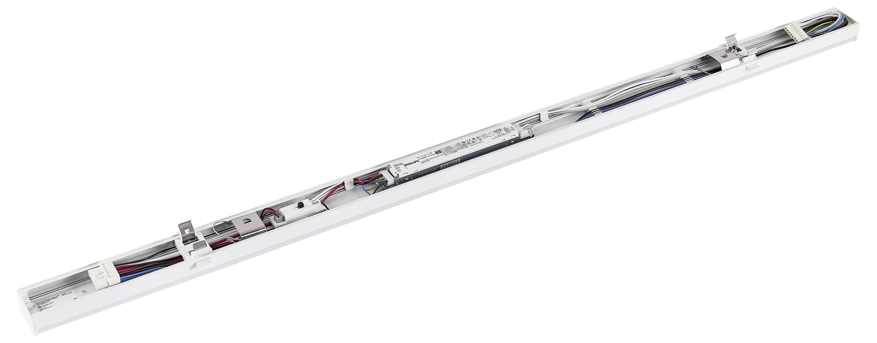 Una lampada a LED lineare con componenti elettronici integrati e cavi colorati per i collegamenti elettrici.