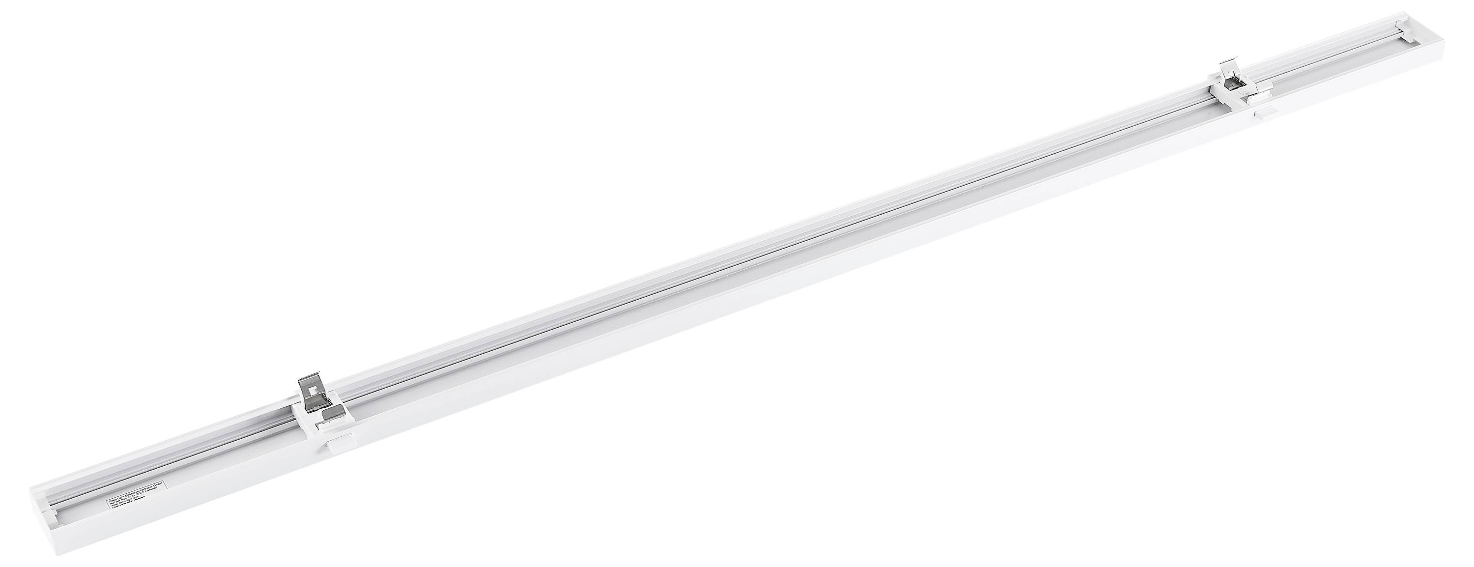 Lunga plafoniera bianca con due supporti montati alle estremità. Ideale per un'illuminazione uniforme dell'ambiente.