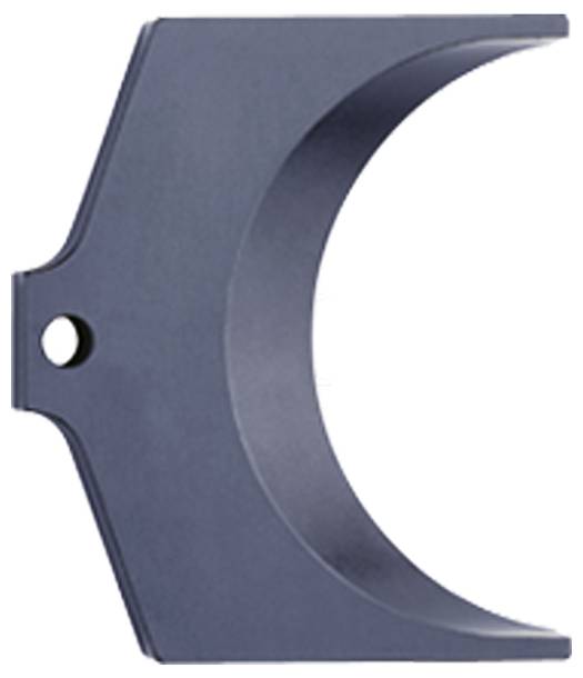 Un oggetto metallico grigio scuro, curvo, con un ritaglio semicircolare e un piccolo foro circolare sul lato sinistro, visto di lato.