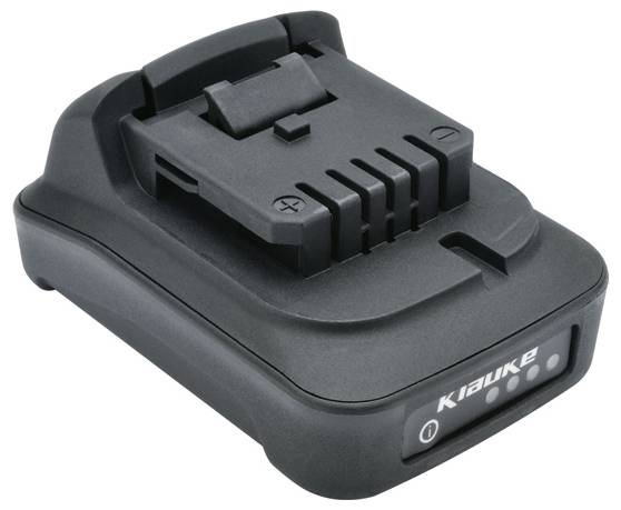 Un caricabatterie nero per batterie al litio con indicatori LED frontali, utilizzato per ricaricare batterie di utensili elettrici.