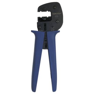 Pinza per crimpare con manici blu e sezione superiore nera, utilizzata per fissare connettori sui cavi.