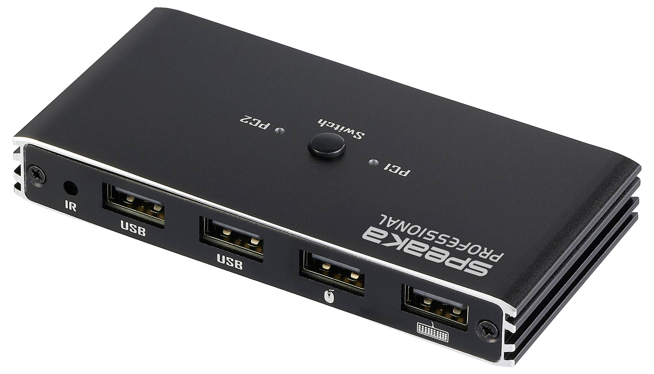 Un dispositivo switch USB nero etichettato 'Speaka Professional' con tre porte USB frontali, un pulsante di commutazione sulla parte superiore e un sensore IR.