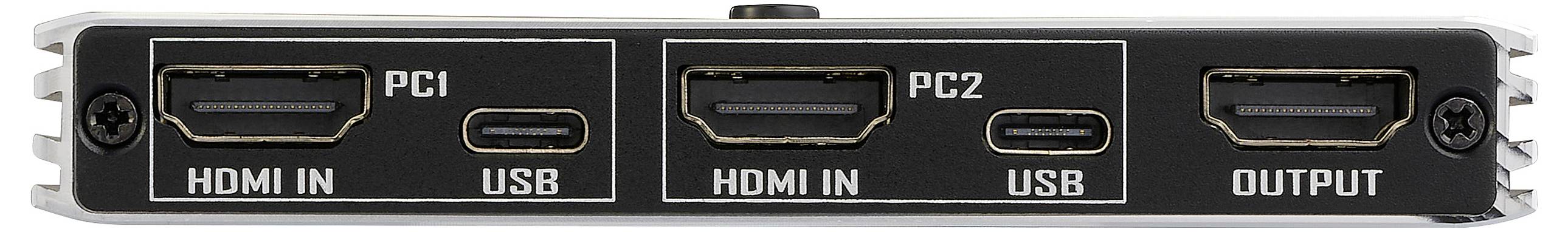L'immagine mostra il pannello posteriore di un dispositivo con due ingressi HDMI etichettati come 'PC1' e 'PC2', due porte USB e un'uscita HDMI.