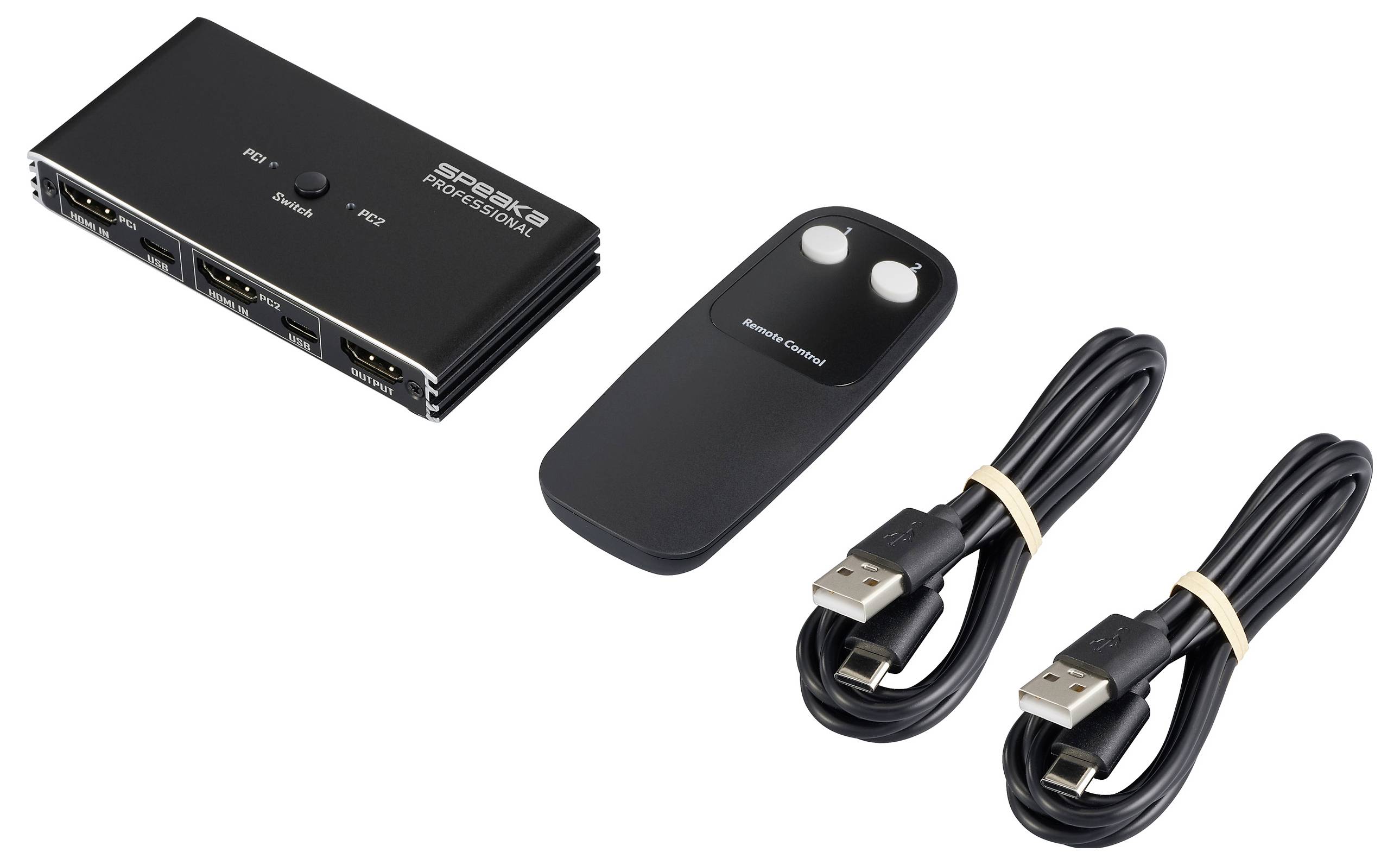 Switch HDMI con due cavi USB e un telecomando, che consente di collegare più dispositivi a un unico schermo per un facile passaggio tra le sorgenti.