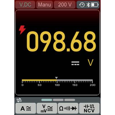 Un display di un multimetro digitale che mostra '98,68 V' in grandi numeri gialli, che indica la tensione in V, con una ghiera che evidenzia il punto 100.