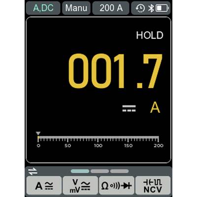 Display digitale di un multimetro impostato per misurare 200 ampere in corrente continua, attualmente che mostra 1,7 ampere, con opzioni per modalità automatica, Bluetooth e rilevamento di tensione senza contatto (NCV).