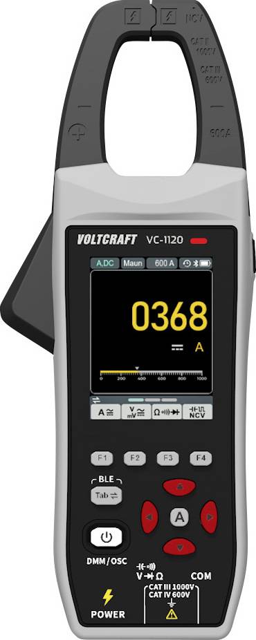 Misuratore digitale a pinza Voltcraft VC-1120 che mostra una lettura di 0,368 A. Comprende pulsanti e impostazioni per varie misurazioni elettriche.