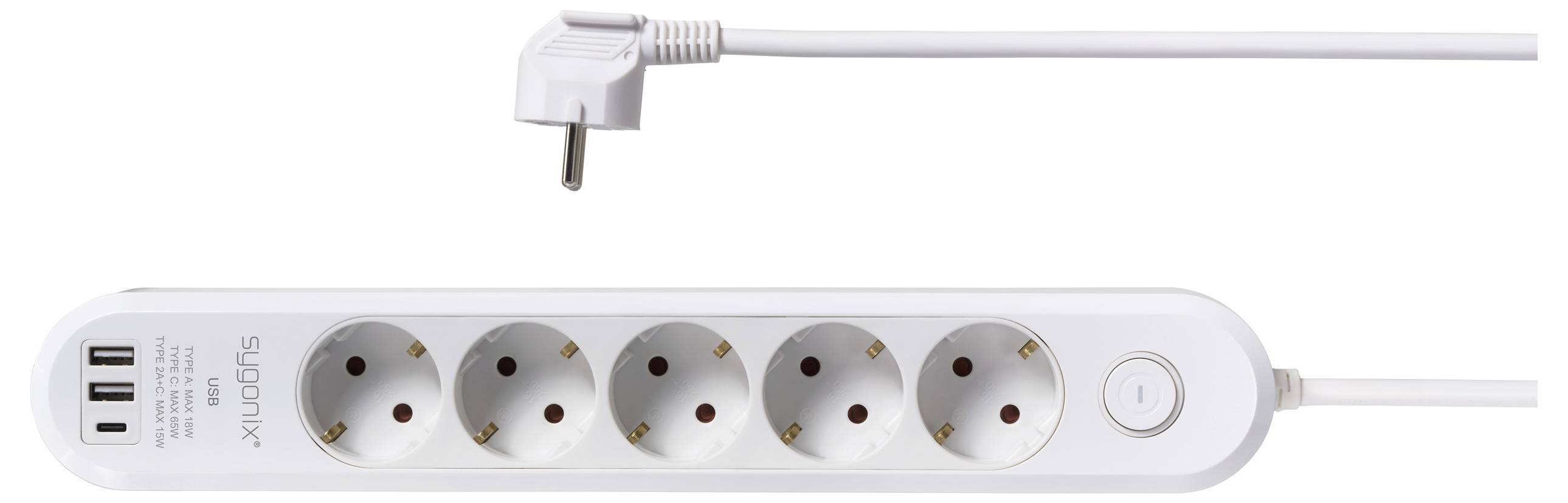 Una presa multipla bianca con cinque prese elettriche europee, quattro porte USB e un cavo bianco collegato con una spina, posizionata orizzontalmente.