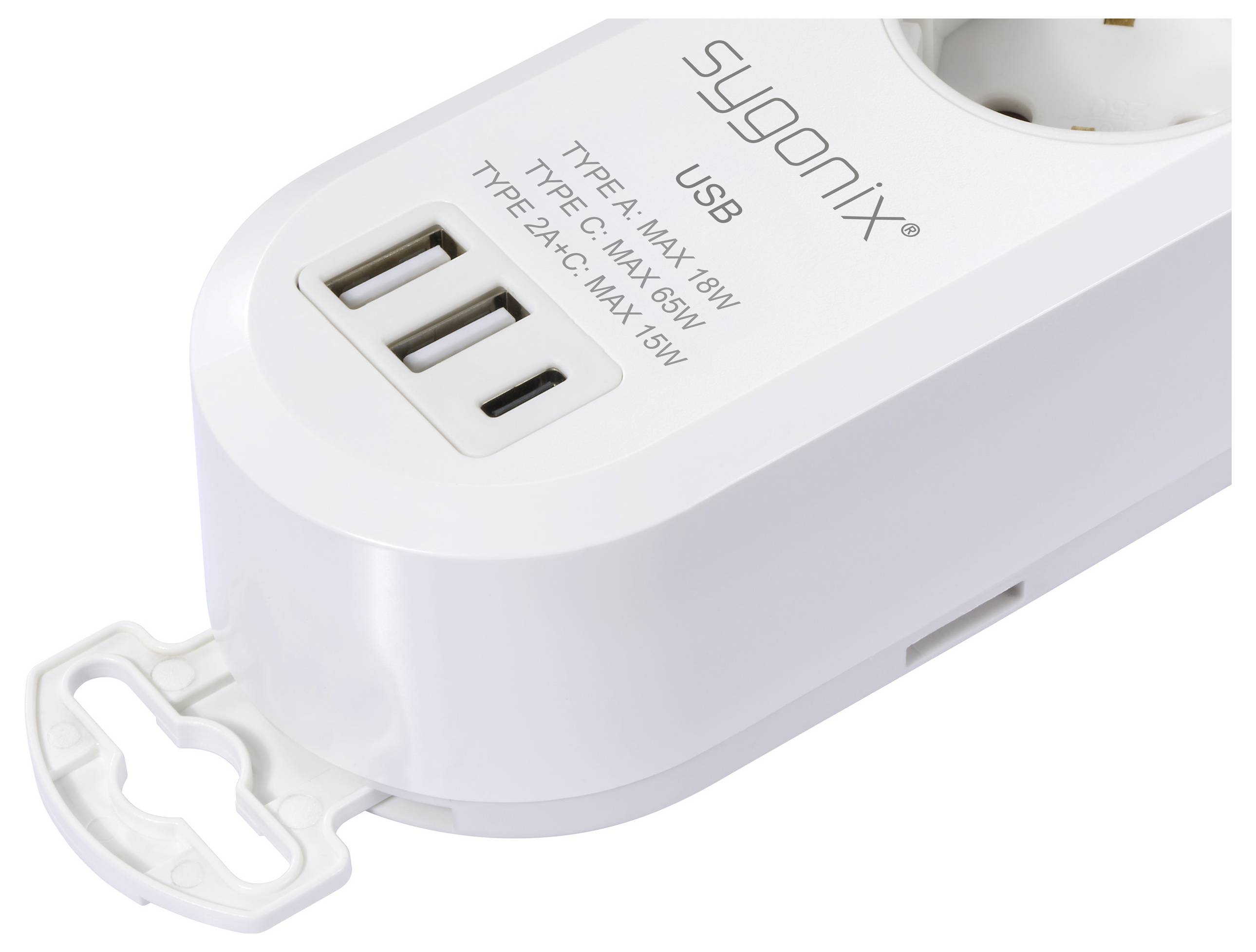 Una multipresa bianca con etichetta 'Sygonix USB', dotata di porte USB Type A e C. Indica le capacità di potenza: Type A max 18W, Type C max 65W.