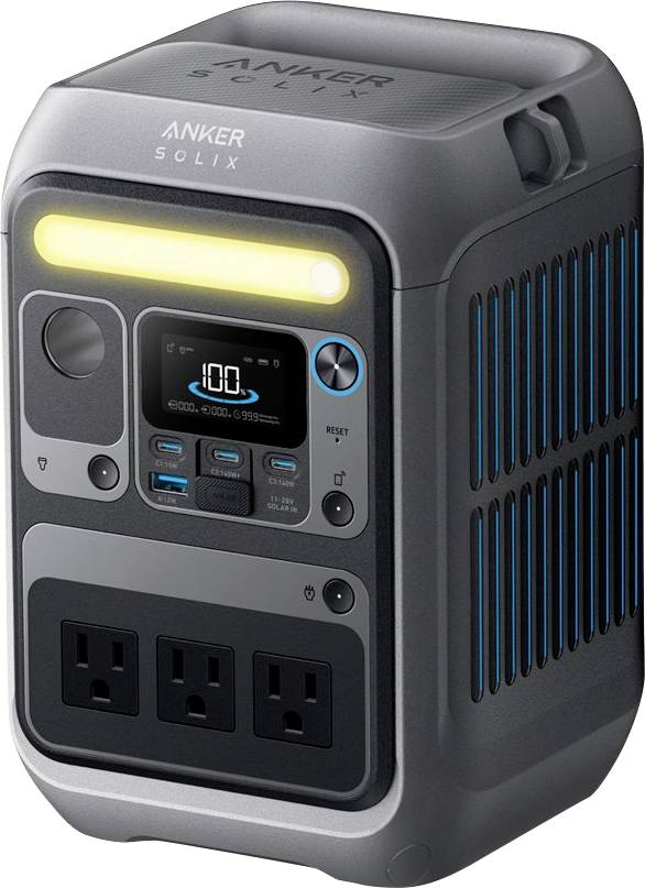 Una stazione di alimentazione portatile grigia con multiple prese, display LED, porte USB e una barra luminosa sulla parte superiore.