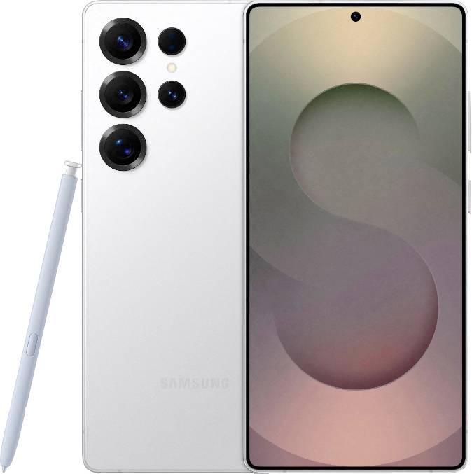 Vista frontale di un smartphone bianco con un ampio schermo che visualizza la lettera 'S' e tre fotocamere posteriori accanto a una penna stilo.