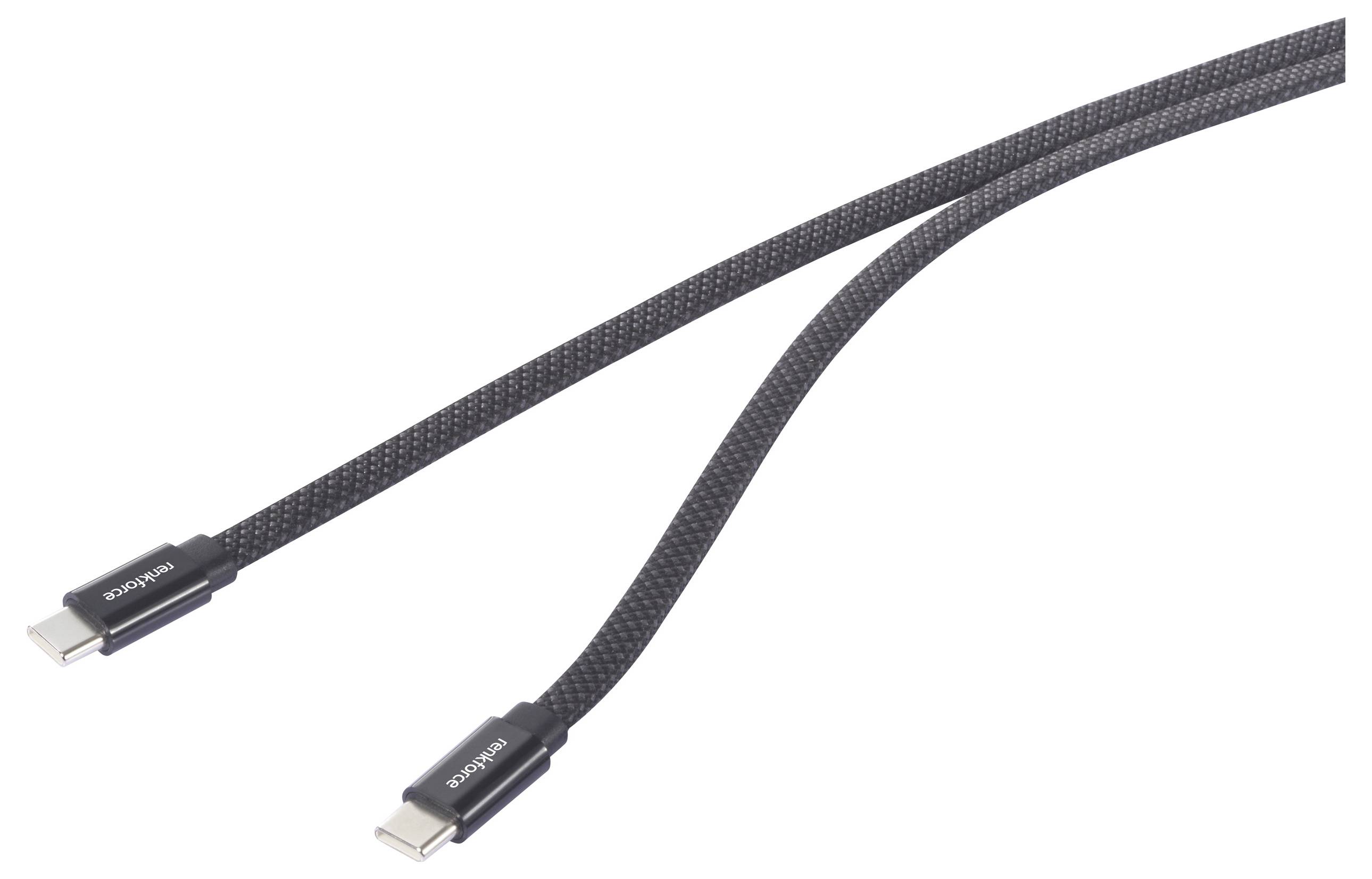 Due cavi USB-C neri, angolati e incrociati tra loro, su uno sfondo bianco uniforme.