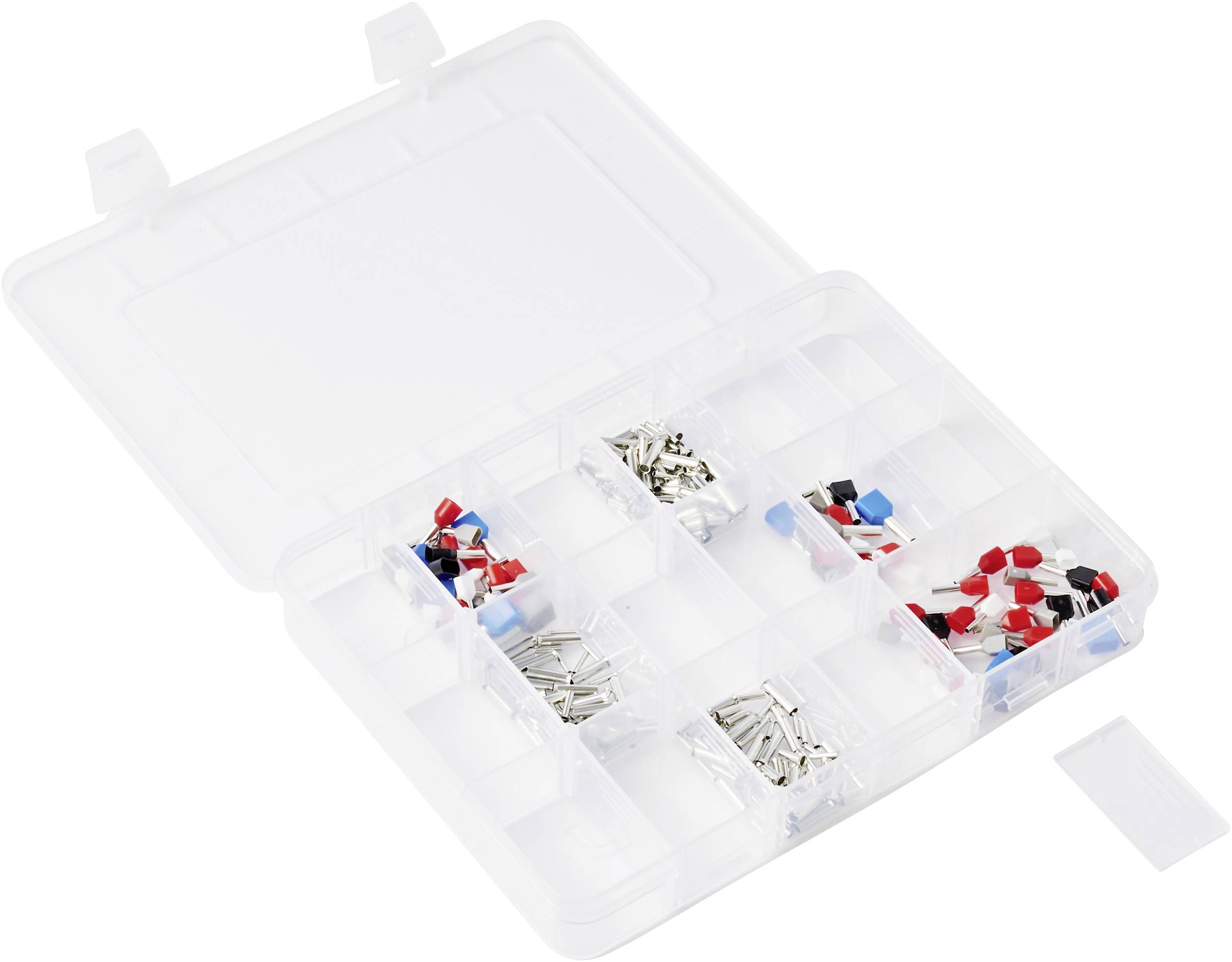 Una scatola trasparente in plastica con scompartimenti, contenente connettori per cavi colorati e terminali argentati, utilizzata per l'organizzazione dei cablaggi elettrici.